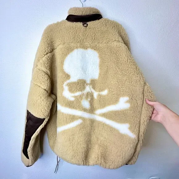 NWT Mastermind World Beige & Brown Cashmere Sherpa Jacket Skull & Crossbone Back - Picture 5 of 16